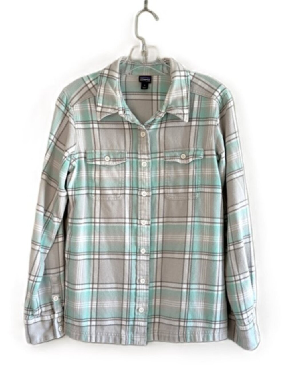 Patagonia Fjord Cotton Flannel Plaid Button Up Shirt, 6, Gray Green Outdoor